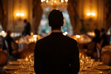 Obraz premium Man, dinner party, standing alone, medium shot, elegant setting, ambient light, social interactions, feeling left out, rich tones, candid perspective.