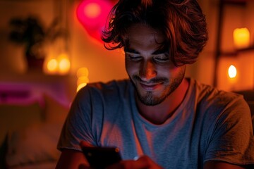 Man, dating app, swiping on phone, closeup shot, dim room light, modern dating, personal struggle, intimate setting, focused mood.