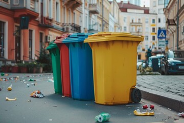 Recycling bins. Colorful trash cans in a row in the city. Recycling concept. Garbage recycling . Cleaning ecoligy concept