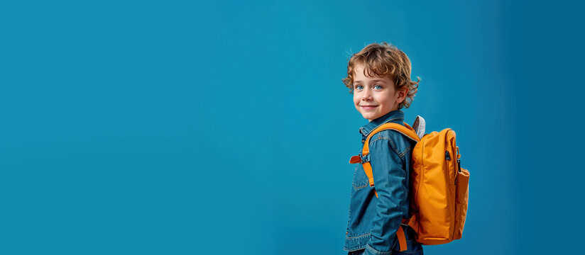 enfant souriant avec un cartable, pour la rentr&eacute;e scolaire - fond bleu