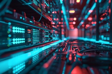 A futuristic digital interface displaying complex data patterns and graphs, symbolizing the future of data science, Glowing futuristic digital design of a network server, AI generated