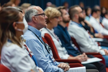 Multiple individuals seated in a room attending a medical conference to learn about the l eadbeedbbbbedba, Attending a medical conference to learn about the latest advancements in healthcare