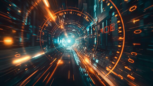 Futuristic Clock Traveling Through Time Tunnel