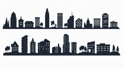 Fototapeta premium Icon set featuring silhouettes of town and city skylines.