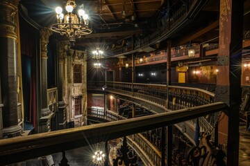 A view from the balcony of a theatre showcasing the stage and seating below, Balconies overlooking the stage below