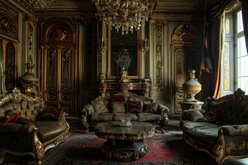 Obraz premium A living room filled with Baroque-inspired furniture and a stylish chandelier, Baroque-inspired decor and furnishings