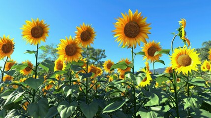 A photorealistic AI-generated image of a vibrant garden filled with blooming sunflowers, their bright yellow petals standing tall against a clear blue sky, creating a lively 
