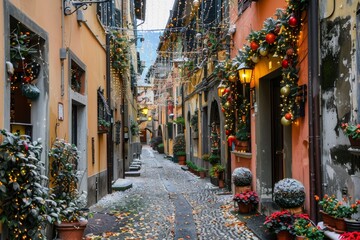 A cobblestone street lined with festive Christmas decorations, Beautifully decorated streets and...