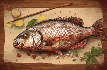 fresh fish on a wooden board, Delicious and healthy fish. Raw dorado with lemon and ingredients on a dark background. Banner, menu, place for recipe text, top view.