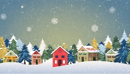 Naklejka premium A winter scene with quaint buildings and trees covered in snow under a cloudy sky, creating a beautiful Christmas landscape