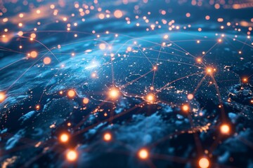 Global network lines linking continents, representing interconnectedness. Global business internet network internet connection of things business intelligence, AI generated