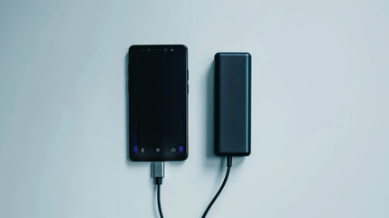 A black cell phone is charging with a power bank using a USB cable. The phone and external battery are on a white background, and the view is from above.