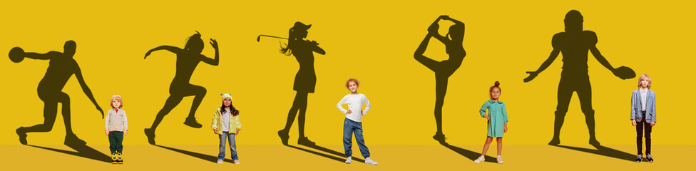 Conceptual collage. Little kids, boys and girls standing with giant shadows of different athletes...