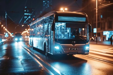 A bus with glowing headlights driving down a city street at night, Global business internet network internet connection of things business intelligence, AI generated