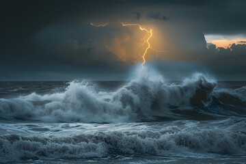 storm ocean, force nature, lightning sea, meteorological deterioration of the climate on the coast of the ocean with powerful waves and lightning wind