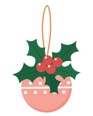 Ornament ball for Christmas with hanging rope and holly berry on top. Vector illustration.