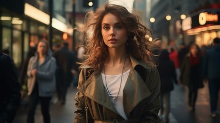 Fototapeta premium Young Woman Walking Through a City Street at Dusk