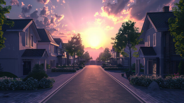 A dead-end street surrounded by luxurious two-story houses in a new neighborhood. The sky is ablaze with a stunning sunset.