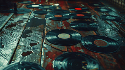 A dozen vinyl records lay strewn on the floor.