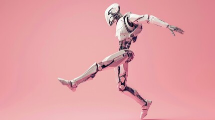 Obraz premium An android making a dance jump, modern, pink background, studio photography 