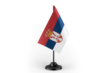 Serbia Flag, small metallic Serbia table flag. Close-up image. Transparent background.