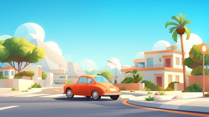 Illustration of an orange car driving through sunny suburban street.