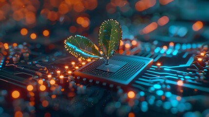 A vibrant green plant emerging from a circuit board, symbolizing the fusion of nature and technology.  