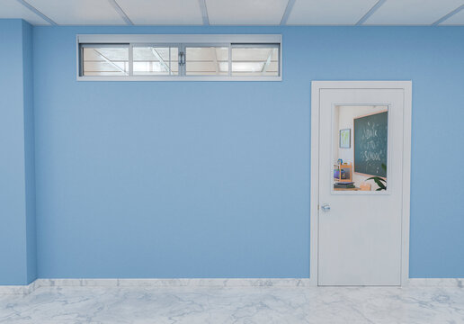 Closed Doorway to Classroom with Back to School Message on Chalkboard