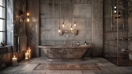 Industrial bathroom styles feature utilitarian designs with exposed brick, metal fixtures, and concrete surfaces, creating a raw, rugged aesthetic.
