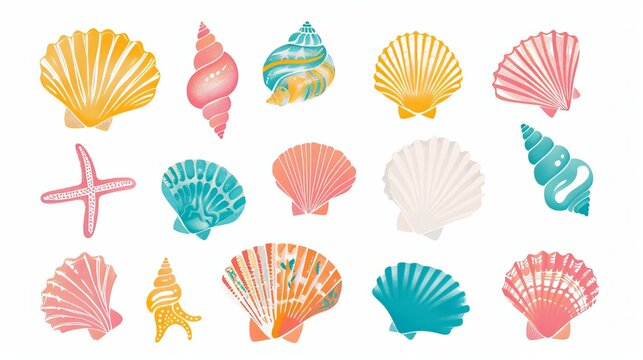 Cute and colorful seashell designs perfect for decorating baby items like clothes, stickers, books, or fabric.