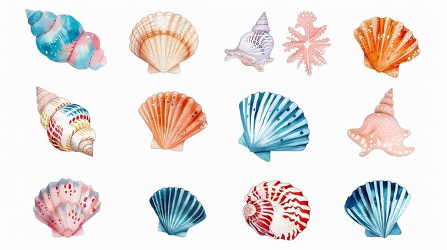 Cute and colorful seashell designs perfect for decorating baby items like clothes, stickers, books, or fabric.