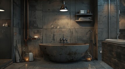 An industrial bathroom style features utilitarian design with exposed brick, metal fixtures, and concrete surfaces for a raw, urban aesthetic.
