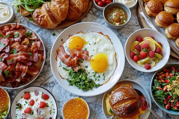 Brunch spread with a variet of dishes pastries. Village Breakfast with pastries, vegetables, greens, spreads, cheeses, fried eggs, jams