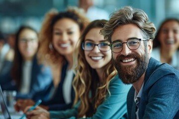 Obraz premium The beautiful group of business people, including a smiling young woman wearing eyeglasses, a well-groomed bearded man, and a laughing middle-aged woman in glasses, are collaborating