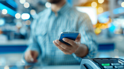Man using a smartphone for a contactless payment at a store. Blurred background with bright lights highlights modern technology and convenience in retail shopping.