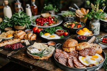 Obraz premium Brunch spread with a variet of dishes pastries. Village Breakfast with pastries, vegetables, greens, spreads, cheeses, fried eggs, jams