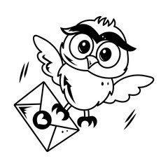 Messenger owl with a letter envelope, doodle icon 