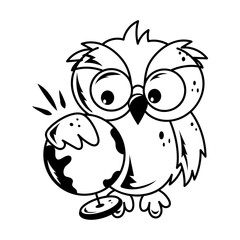 Doodle style cartoon of intelligent owl with map globe 