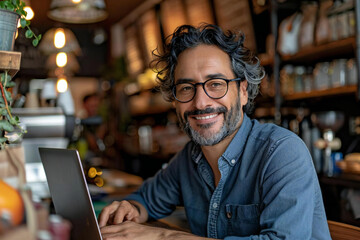 Obraz premium Beautiful, smiling middle-aged man with well-groomed beard wearing eyeglasses working on laptop in a cozy coffee shop.