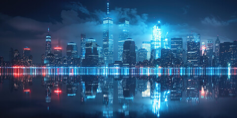 Night city Twin towers  skyline with reflections on water