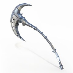 3D Render, Low Poly style of a lunar scythe with a crescent moon blade, casting silvery shadows, on isolated white background, Generative AI