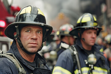 Close-up of somber firefighters at scene