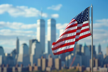 American flag fluttering with Twin Towers backdrop