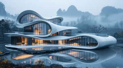 A modern architectural building with curving, organic rooflines, set in a tranquil landscape of terraced fields and reflective water pools