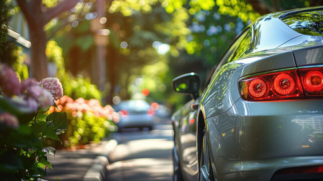A silver car with its back bumper and taillights visible is parked on the street on a sunny summer day.