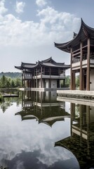 A modern building blending traditional Jiangnan architectural style with contemporary design, featuring elegant curved roofs, white walls, traditional Chinese wooden elements, and large glass windows