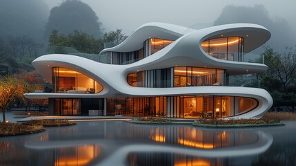 Fototapeta premium A modern building blending traditional Jiangnan architectural style with contemporary design, featuring elegant curved roofs, white walls, traditional Chinese wooden elements, and large glass windows