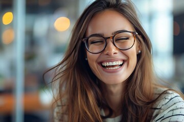 The beautiful woman with long brown hair and glasses is smiling and laughing as she analyzes the organization's work strategy at the executive level.