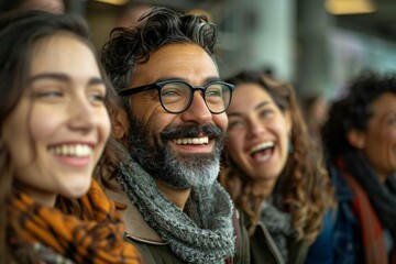Three beautiful individuals, a middle-aged man with a well-groomed beard and glasses, a young woman laughing and a mature woman smiling, embody the HSE concept through their dedication