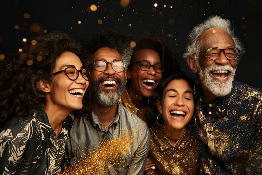 Four beautiful people of various ages and genders, some wearing glasses and one with a well-groomed beard, are smiling and laughing as they witness a 4k gold particles explosion